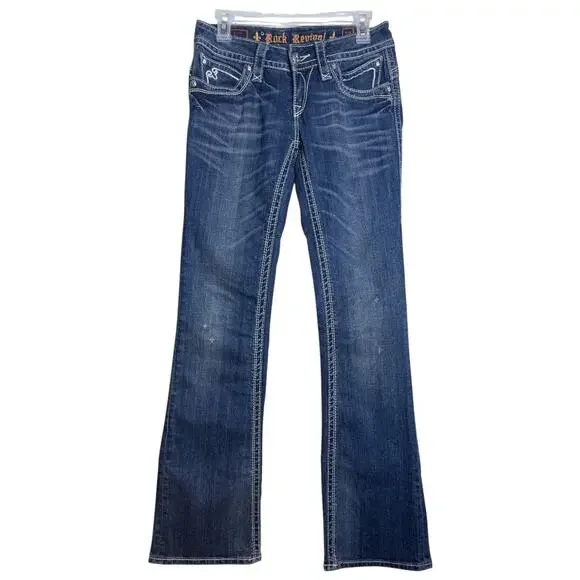 ROCK REVIVAL Y2K Low Rise Heather Boot Cut Flare Denim Jeans, Size 28x32 - Picture 1 of 11